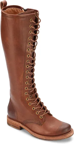 Vista 3 de Frye Veronica Botas de combate altas de 15 pulgadas para mujer hechas de cuero de grano completo con construcción Goodyear Welt, cordones de tela