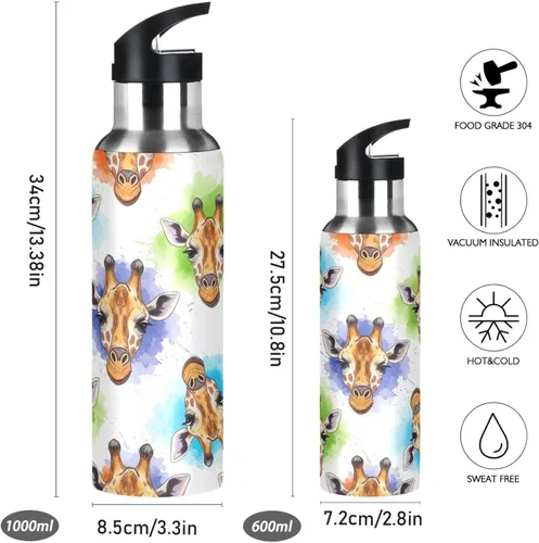 Vista 2 de Watercolor Giraffe Stainless Steel Water Bottle 20 Oz Leakproof Water Bottles, BPA-Free Sport Water Bottle