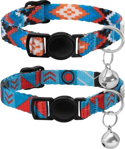 Vista 15 de CollarDirect Juego de 2 collares para gatos con campana extraíble, diseño tribal azteca de seguridad ajustable para mascotas
