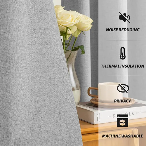 Vista 6 de Yakamok Cortinas de lino gris claro 100% opacas para dormitorio, cortinas de ventana con ojales de oscurecimiento de habitación de 84 pulgadas