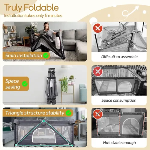 Vista 5 de Corralito plegable para bebés, corralito de juego extra grande para bebés y niños pequeños, patio de juegos portátil de seguridad para niños en Gris