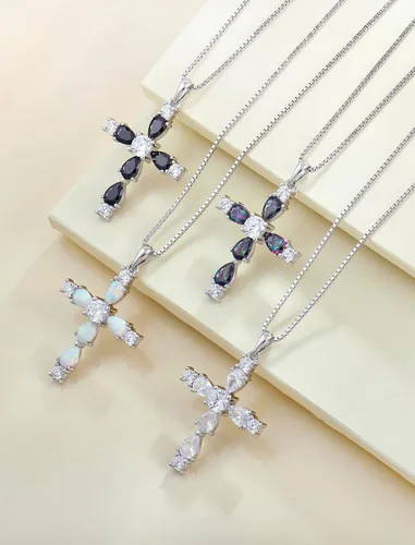 Vista 71 de YL Collar de cruz de plata de ley 925 con colgante de piedra natal religiosa para mujer