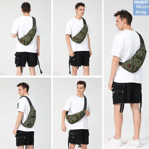 Vista 7 de NICGID Bolso bandolera en el pecho, mochila de hombro, bolsa cruzada, mochila casual para hombres y mujeres, Verde militar, Viajes