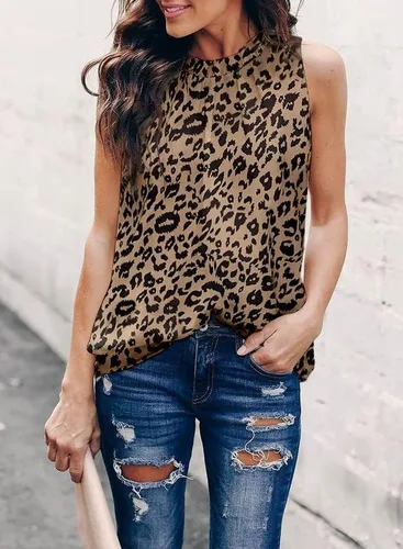 Vista 3 de Dokotoo - camisetas casuales sin mangas con cuello halter y estampado de leopardo para mujer