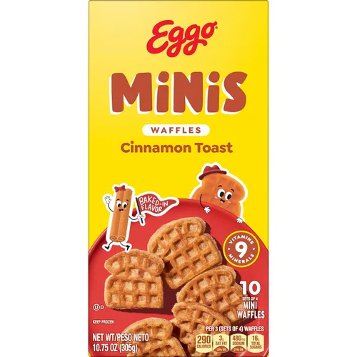 Vista 6 de Eggo Minis - Gofres de tostadas de canela, comida para el desayuno, desayuno congelado, 10 gofres (congelado)