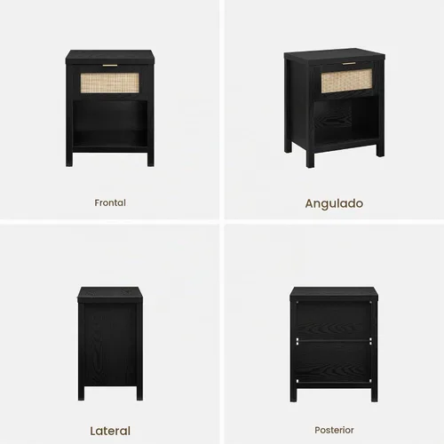 Vista 8 de SICOTAS Juego de 2 mesitas de noche de ratán negro con cajón de 19.7 Roble negro