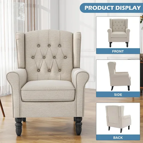 Vista 6 de High Back Accent Chair, Fabric Upholstered Armchair Wingback Chair for Living Room, Comfy Bedroom Reading Seat with Solid Wood Legs, Beige