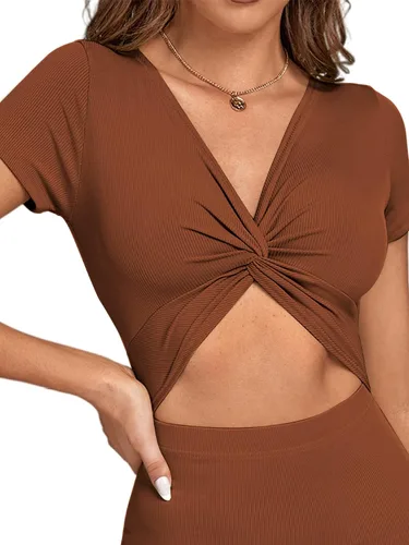 Vista 7 de LYANER Vestido midi de punto de manga corta con cuello en V y corte frontal para mujer