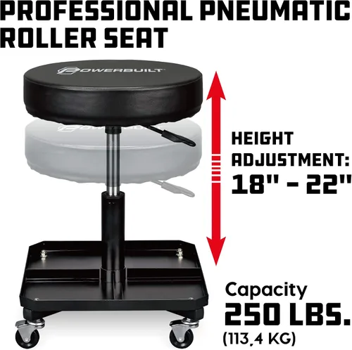 Vista 2 de Powerbuilt - Asiento rodante, taburete de garaje con altura ajustable y bandeja para herramientas, suave y acolchado para reparación de automóviles