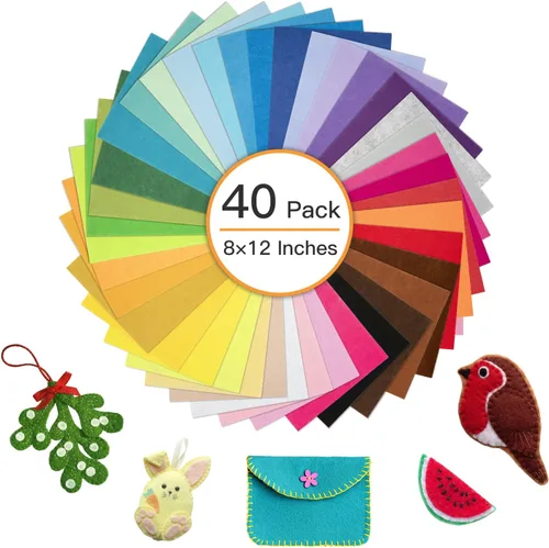 Vista 2 de Hojas de fieltro de 8 x 12 pulgadas para manualidades, 40 piezas hojas de tela cuadradas, paquete de colores surtidos no tejidos, 1mm de grosor