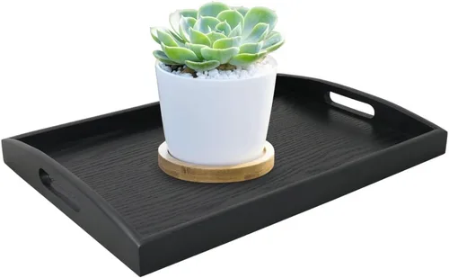 Vista 6 de DILLMAN Bandeja de servir grande rectangular de madera negra bandeja de comida bandeja de mayordomo bandeja de desayuno con asas (pequeña)