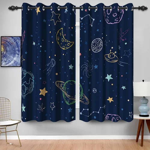 Vista 15 de Cortina opaca con diseño de dibujos animados para niños, diseño de luna, estrellas, planetas, cortinas de oscurecimiento con ojales inoxidables Azul