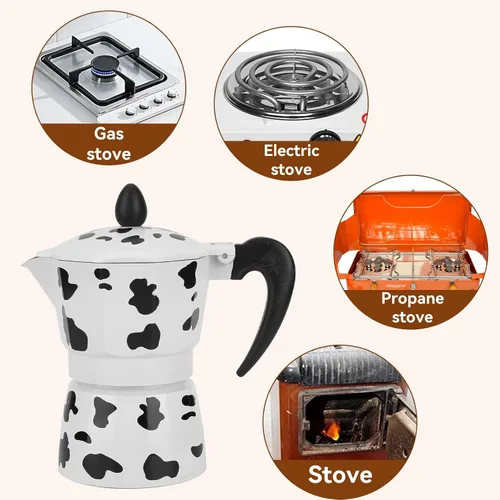 Vista 3 de Cafetera de café expreso para estufa, cafetera de moka de vaca lechera, cafetera portátil de aluminio de 3/6/9 tazas para el hogar, cafetería