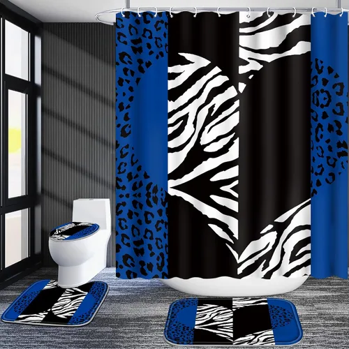 Vista 5 de Poedist - Juego de cortinas de ducha para baño, 4 piezas, diseño de leopardo azul brillante, incluye cortinas de ducha y tapetes para baño