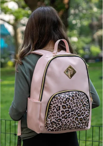 Vista 7 de Emma & Chloe Mochilas de vinilo impermeables para viajar y viajar al trabajo, Pink Leopard, Mochila casual
