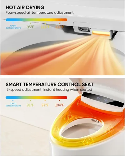 Vista 2 de Inodoro inteligente con bidé integrado con rociador de agua caliente y secadora, funcionamiento del sensor de pie, asiento calefactado con pantalla
