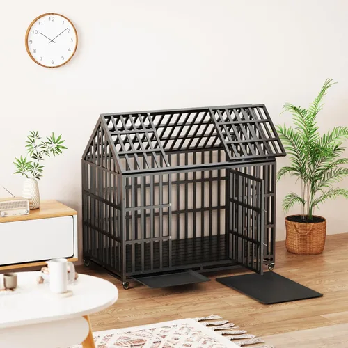 Vista 6 de Jaula extragrande para perros, jaula de hierro galvanizado resistente de 55 pulgadas, muebles con puerta delantera, puerta superior y 4 ruedas