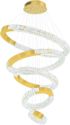 Vista 9 de Gran araña de anillo dorado moderna LED de 5 anillos de cristal para techos altos Vestíbulo Escalera de arañas D12''+20''+28''+35''+43'' Oro