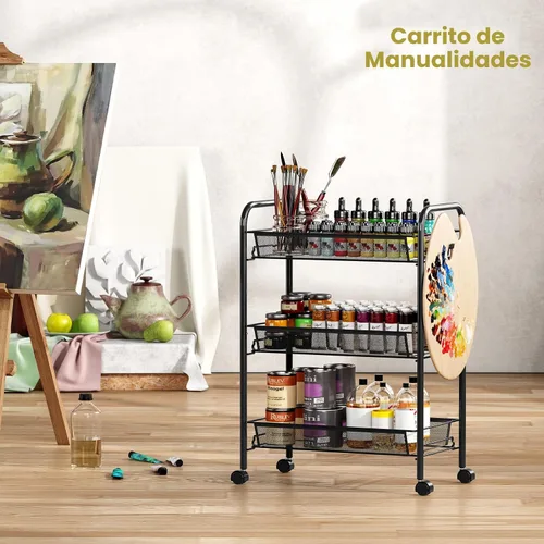 Vista 7 de TOOLF - Carrito con ruedas de 3 niveles, carrito de almacenamiento de metal Negro