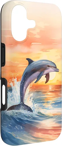 Vista 3 de Dolphin Jumping Sunset Over Ocean Watercolor Art Case for iPhone 17