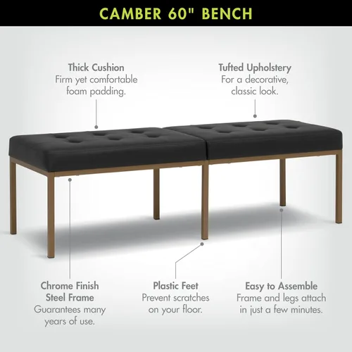 Vista 3 de Studio Designs Home Camber - Moderno comedor de 60 pulgadas con patas cromadas y piel sintética copetuda, banco de entrada o sala de estar