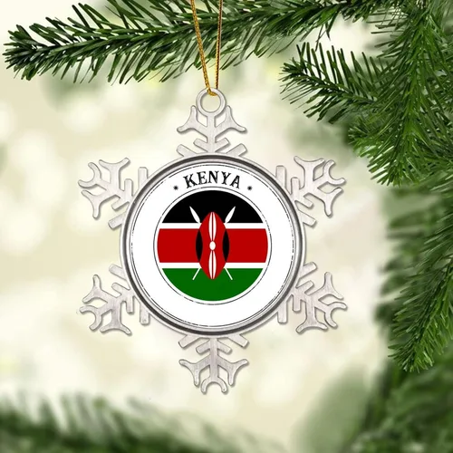 Vista 2 de Adorno de copo de nieve de Kenia, bandera de Kenia, bandera de las naciones del sello de Kenia, adornos de metal, recuerdo, regalo, adornos