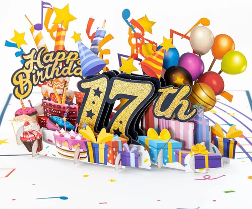 Vista 11 de iGifts And Cards Tarjeta desplegable 3D de cumpleaños de 16 años, regalos coloridos y escena de celebración de globos, divertido saludo
