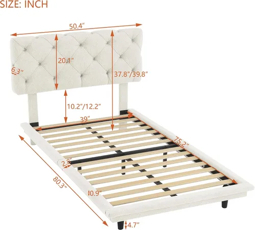Vista 2 de Cama de plataforma flotante, marco de cama de madera tamaño individual con rayas claras, tela de lino suave y cabecera de diseño capitoné