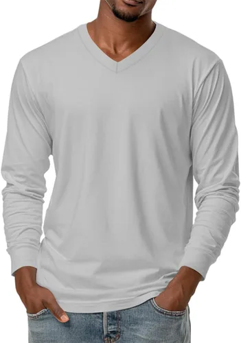 Vista 11 de Camiseta para hombre, manga larga, cuello en V, color liso, informal, básica, suave, elástica, M-3XL