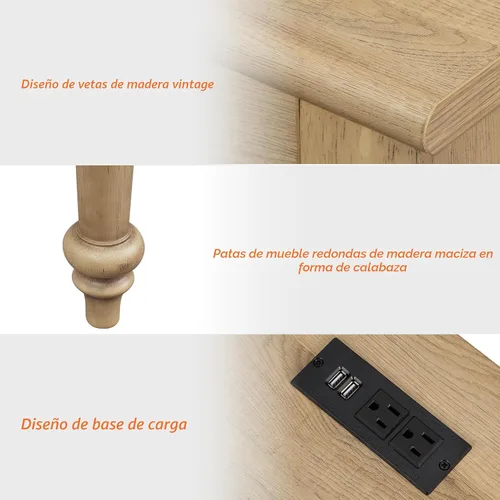 Vista 8 de Escritorio ejecutivo de estilo granja WAMPAT con 5 cajones, escritorio de oficina para el hogar con estación de carga, escritorio de madera