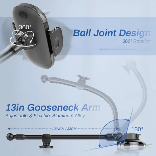 Vista 6 de OQTIQ Soporte para teléfono de automóvil de cuello de cisne de 13 pulgadas, soporte para parabrisas y tablero con ventosa fuerte, estabilizador