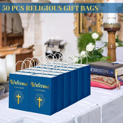 Vista 5 de Chuangdi 50 bolsas de regalo de bienvenida a la iglesia, bolsas de papel cristiano con asas para invitados, día de la madre, baby shower, Azul