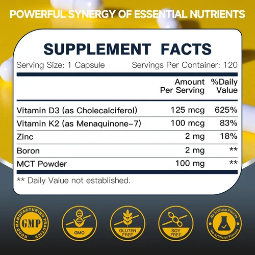 Vista 8 de DRFOSTER Vitamina D3 K2 5000 UI con zinc y boro, 120 cápsulas veganas