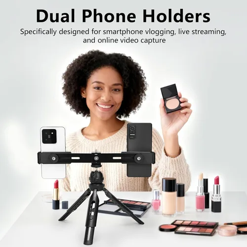 Vista 2 de Kit de video multifuncional para teléfono inteligente, con trípode universal de escritorio para teléfono con soportes dobles para teléfono y 4