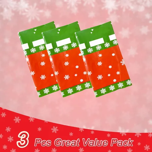 Vista 6 de Mantel de Navidad desechable, mantel de plástico para Navidad, color rojo, verde, blanco, mantel de árbol de renos y copos de nieve para decoración
