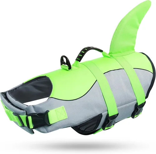 Vista 32 de Queenmore Chaleco Salvavidas para Perros Tiburón, Chaleco de Natación de Alta Flotabilidad, Chalecos Salvavidas para Perros Ajustables y Fáciles