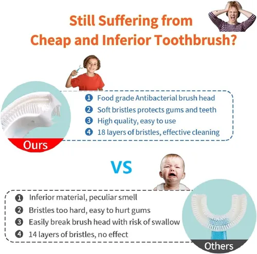 Vista 4 de YOTEE Cepillo de dientes en forma de U para niños, 2 piezas, cepillo de dientes para niños pequeños con cabezal de cepillo de silicona suave