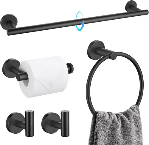 Vista 22 de TQKAG Juego de accesorios de baño negro y dorado de 5 piezas, juego de toalleros redondos de acero inoxidable de 23.6 pulgadas para baño montado