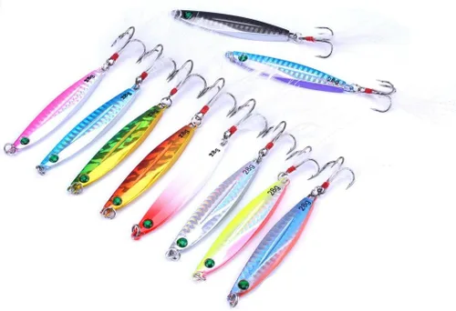 Vista 9 de Aorace 10 piezas de metal duro jigs buceo pesca mar señuelos minnow Popper cebos aparejos Crankbait agua salada señuelos de agua dulce con pluma