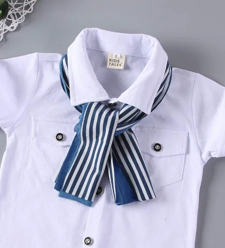 Vista 4 de Ritatte Conjunto de 3 piezas de ropa casual de algodón de manga corta + jeans de mezclilla + bufanda para niños pequeños