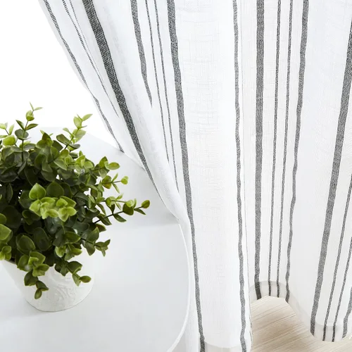 Vista 2 de SXZJTEX Cortinas de cocina para cafetería, cortinas traslúcidas a rayas negras, patrón de rayas finas, estilo rústico, cortinas cortas para baño