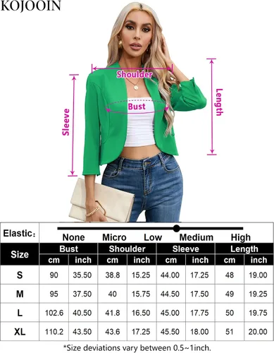 Vista 7 de KOJOOIN Chaqueta corta casual de negocios para mujer, manga 34, sin cuello, frente abierto, chaqueta de trabajo