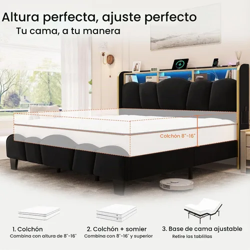 Vista 8 de LARMACE Base de cama tamaño King con luces LED y estación de carga, plataforma tapizada de terciopelo con cabecera de almacenamiento, no necesita