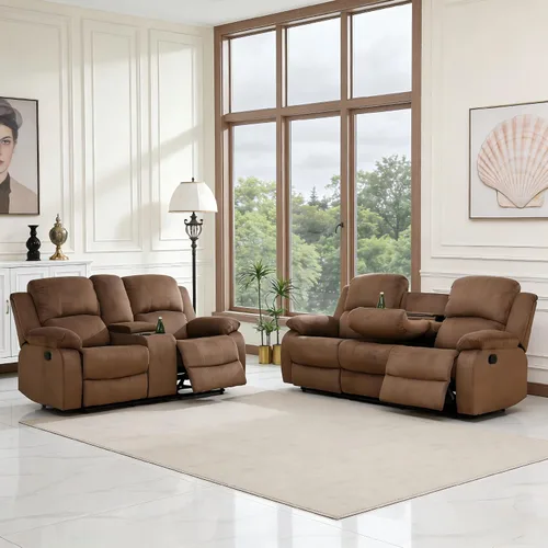 Vista 31 de Sofá reclinable manual moderno, sofá reclinable de cuero de 3 plazas, sofá reclinable de sala de estar, sofá con portavasos y mesa abatible