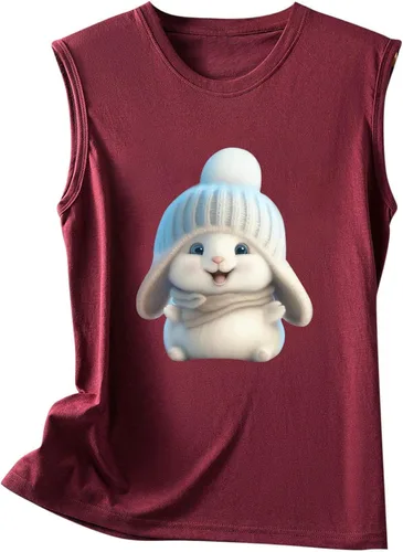 Vista 5 de Camiseta Mangas para Mujer camisola con Estampado Conejo Bonito Cuello Redondo sin Mangas camisola Camisetas Chaleco