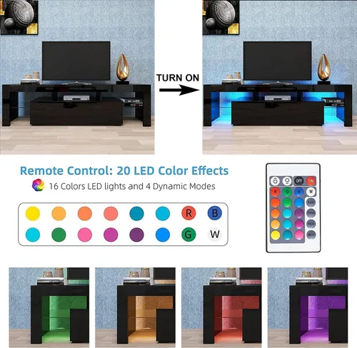Vista 5 de Soporte de TV Centro de entretenimiento con 20 efectos de color LED, consola de sala de estar, gabinete de almacenamiento, soportes de televisión