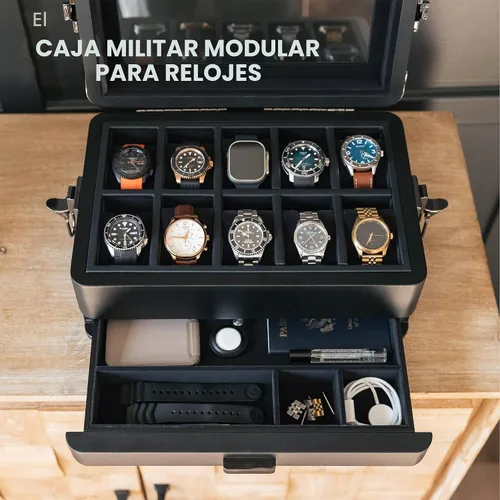 Vista 2 de CASE ELEGANCE Edición Negra Caja Organizadora Militar de 10 Ranuras para Relojes para Hombres, Parte Superior de Cristal Real, Bandeja Modular Negro