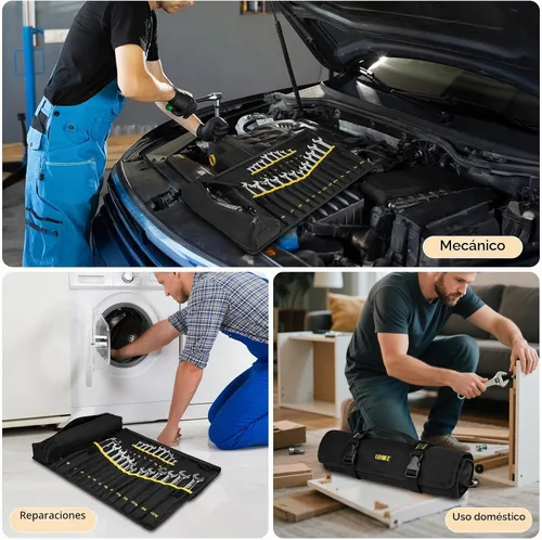 Vista 7 de Organizador de rollos de llaves, bolsa enrollable para llaves con 23+1 bolsillos, rollo de herramientas resistente para llaves métricas y SAE, bolsa