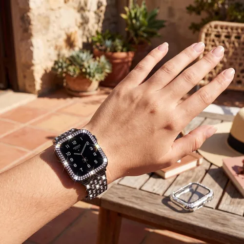 Vista 3 de compatible con Apple Watch de 1.496 pulgadas 1.575 pulgadas 1.654 pulgadas 1.732 pulgadas con funda para mujer, correa de metal con diamante