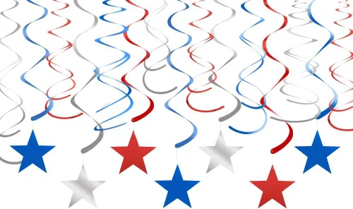 Vista 6 de Decoraciones colgantes de espirales negras, blancas y plateadas con recortes de estrella, juego de 30